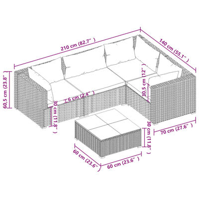 vidaXL 5 pcs conjunto lounge de jardim c/ almofadões vime PE cinzento