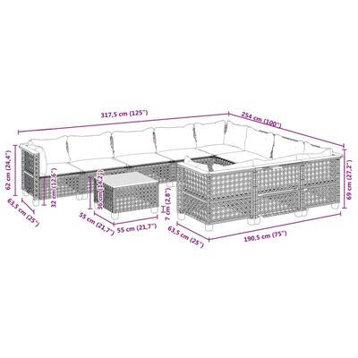 vidaXL 11 pcs conjunto sofás de jardim c/ almofadões vime PE preto