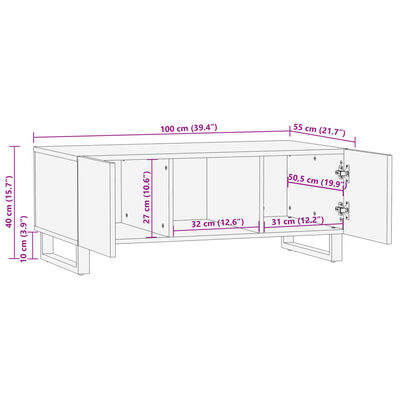 vidaXL Mesa de centro 100x55x40cm madeira de mangueira maciça castanho