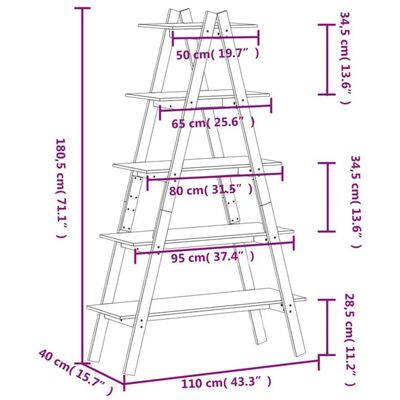 vidaXL Estante c/ 5 prateleiras forma de A 110x40x180,5cm pinho maciço