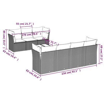 vidaXL 8 pcs conjunto sofás de jardim c/ almofadões vime PE cinzento