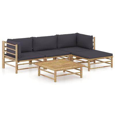 vidaXL 5 pcs conj. lounge jardim em bambu c/ almofadões cinza-escuro