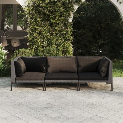 vidaXL 3 pcs conj. lounge jardim c/ almofadões vime PE cinzento-escuro