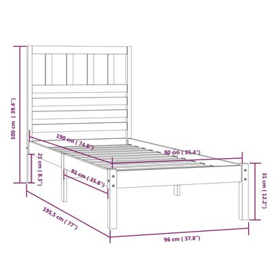 vidaXL Estrutura de cama de solteiro 90x190 cm pinho maciço branco