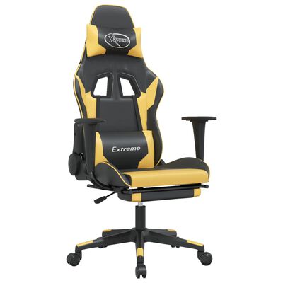 vidaXL Cadeira gaming c/ apoio pés couro artificial preto e dourado