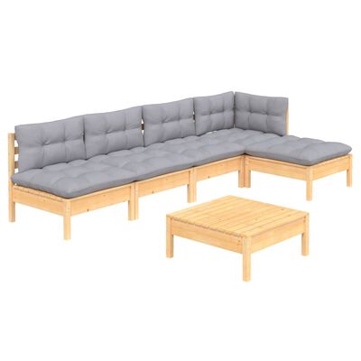 vidaXL 6 pcs conjunto lounge de jardim c/ almofadões cinzentos pinho