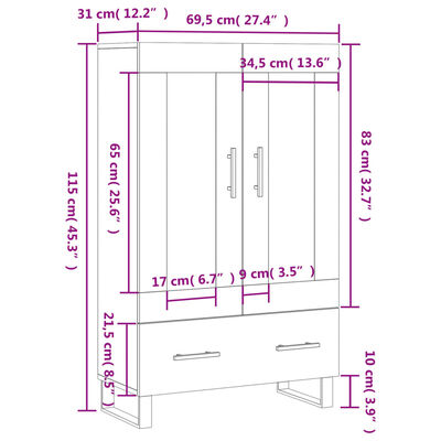 vidaXL Aparador alto 69,5x31x115 cm derivados de madeira cinza-cimento