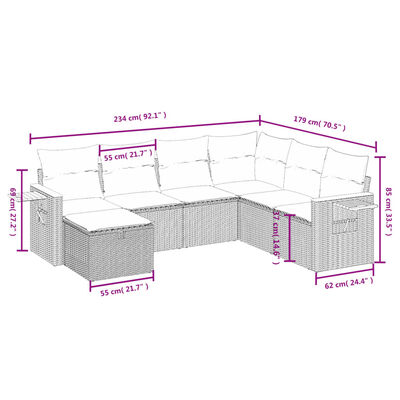 vidaXL 7 pcs conjunto sofás p/ jardim c/ almofadões vime PE cinzento