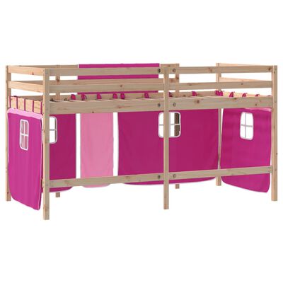 vidaXL Cama alta p/ criança c/ cortinas 90x200 cm pinho maciço rosa