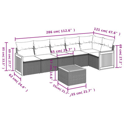 vidaXL 7 pcs conjunto de sofás p/ jardim c/ almofadões vime PE preto