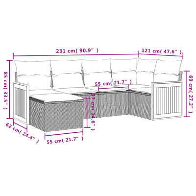 vidaXL 6 pcs conjunto sofás de jardim com almofadões vime cinzento