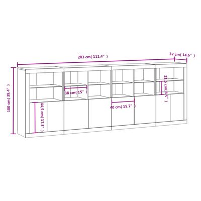 vidaXL Aparador com luzes LED 283x37x100 cm cinzento cimento