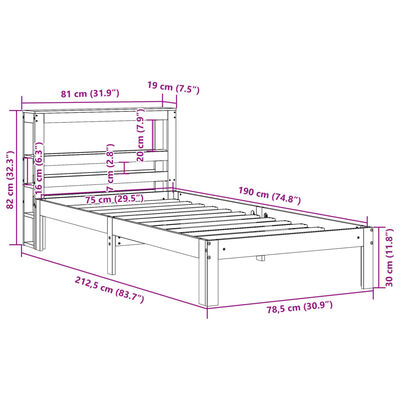 vidaXL Estrutura cama c/ cabeceira 75x190 cm pinho maciço