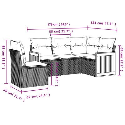 vidaXL 5 pcs conjunto de sofás p/ jardim com almofadões vime PE bege