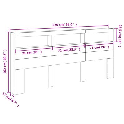 vidaXL Armário cabeceira c/ luzes LED 220x17x102 cm carvalho castanho