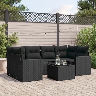 vidaXL 7 pcs conjunto de sofás p/ jardim c/ almofadões vime PE preto