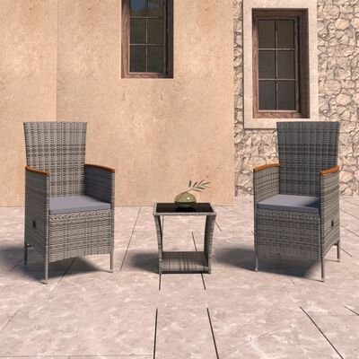 vidaXL 3 pcs conjunto lounge de jardim c/ almofadões vime PE cinzento