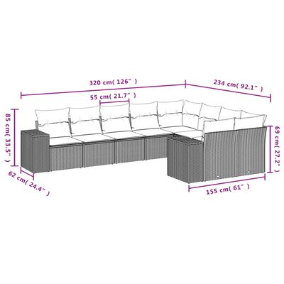 vidaXL 9 pcs conjunto de sofás p/ jardim com almofadões vime PE bege