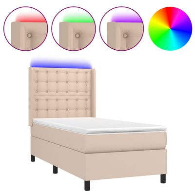 vidaXL Cama box spring c/ colchão/LED 90x200cm couro artif. cappuccino