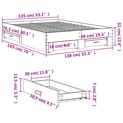 vidaXL Estrutura de cama c/ gavetas 135x190 cm derivados madeira preto