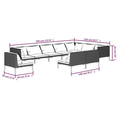 vidaXL 10 pcs conj. lounge jardim c/ almofadões vime PE cinza-escuro