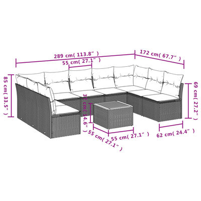 vidaXL 10 pcs conjunto sofás de jardim c/ almofadões vime PE cinzento