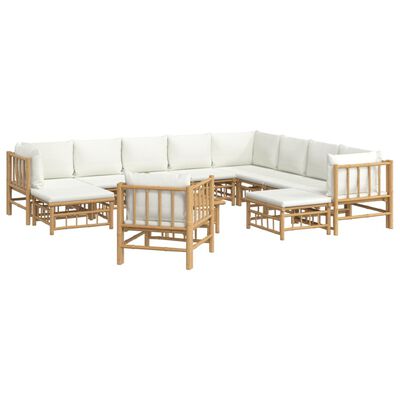 vidaXL 12pcs conjunto lounge de jardim bambu c/ almofadões branco nata