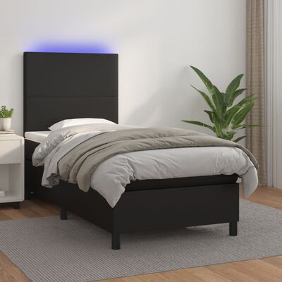 vidaXL Cama box spring c/ colchão/LED 90x190 cm couro artificial preto