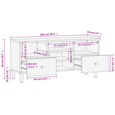 vidaXL Móvel de TV 100x33x46 cm madeira de mangueira maciça preto