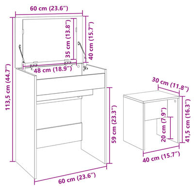 vidaXL Toucador e banco 60x40x113,5 cm cinzento cimento