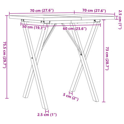 vidaXL Mesa de jantar estrutura em X 70x70x75,5 cm pinho/ferro fundido