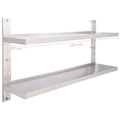 vidaXL Prateleira de parede suspensa 2 níveis 150x30 cm aço inoxidável