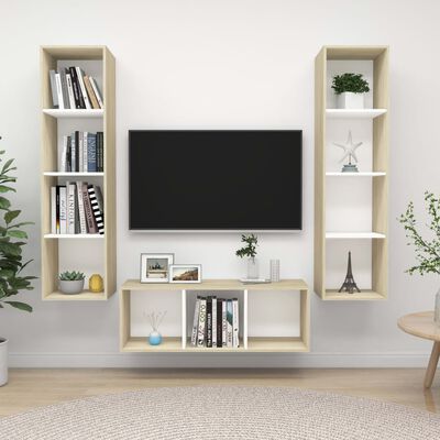 vidaXL 3 pcs conj. móveis TV derivados madeira branco/carvalho sonoma