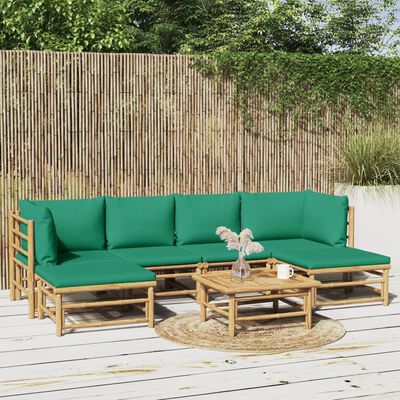 vidaXL 7 pcs conjunto lounge de jardim bambu c/ almofadões verdes