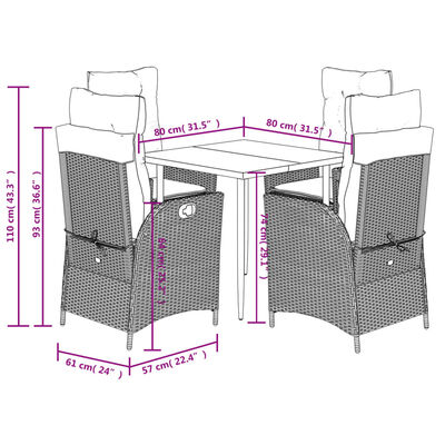 vidaXL 5 pcs conjunto de jantar p/ jardim com almofadões vime PE bege