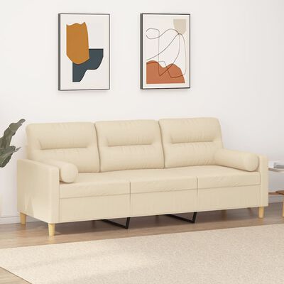 vidaXL Sofá 3 lugares + almofadas decorativas 180 cm tecido cor creme