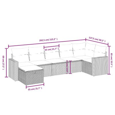 vidaXL 7 pcs conjunto de sofás p/ jardim c/ almofadões vime PE preto