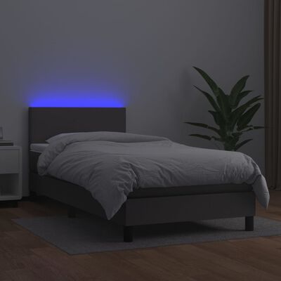 vidaXL Cama box spring c/ colchão/LED 90x190 cm couro artificial cinza