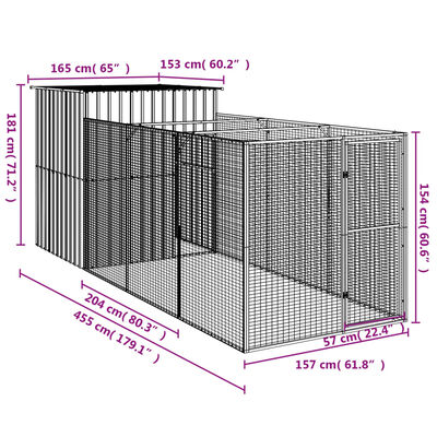 vidaXL Casota cães c/ parque 165x455x181 cm aço galvaniz. cinza-claro