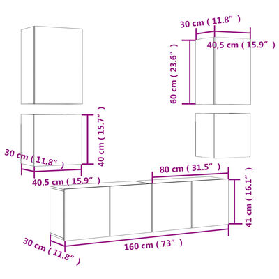 vidaXL 6pcs móveis de parede p/ TV derivados madeira carvalho castanho