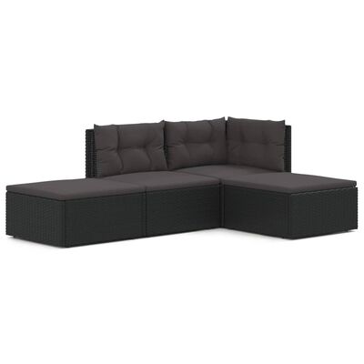 vidaXL 4 pcs conjunto lounge de jardim c/ almofadões vime PE preto