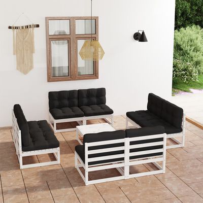 vidaXL 9 pcs conjunto lounge de jardim c/ almofadões pinho maciço