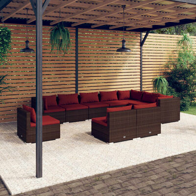 vidaXL 10 pcs conjunto lounge de jardim c/ almofadões vime PE castanho