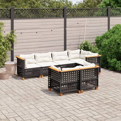 vidaXL 7 pcs conjunto de sofás p/ jardim c/ almofadões vime PE preto