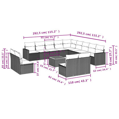 vidaXL 14 pcs conjunto de sofás p/ jardim c/ almofadões vime PE preto