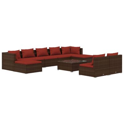 vidaXL 10 pcs conjunto lounge jardim c/ almofadões vime PE castanho