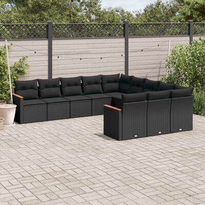 vidaXL 11 pcs conjunto sofás de jardim c/ almofadões vime PE preto