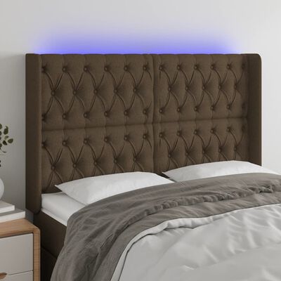 vidaXL Cabeceira de cama c/ luzes LED tecido 147x16x118/128cm castanho