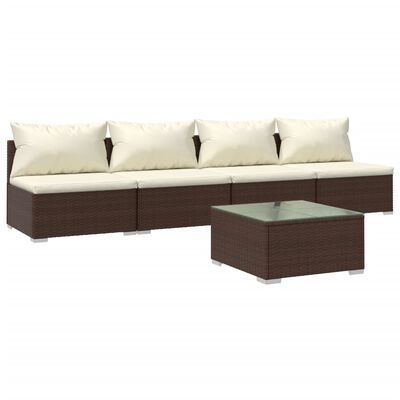 vidaXL 5 pcs conjunto lounge jardim c/ almofadões vime PE castanho