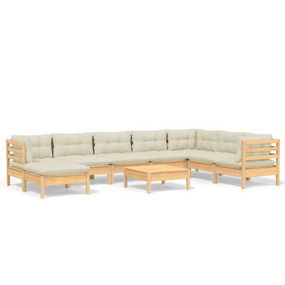 vidaXL 9 pcs conjunto lounge jardim c/ almofadões creme pinho maciço